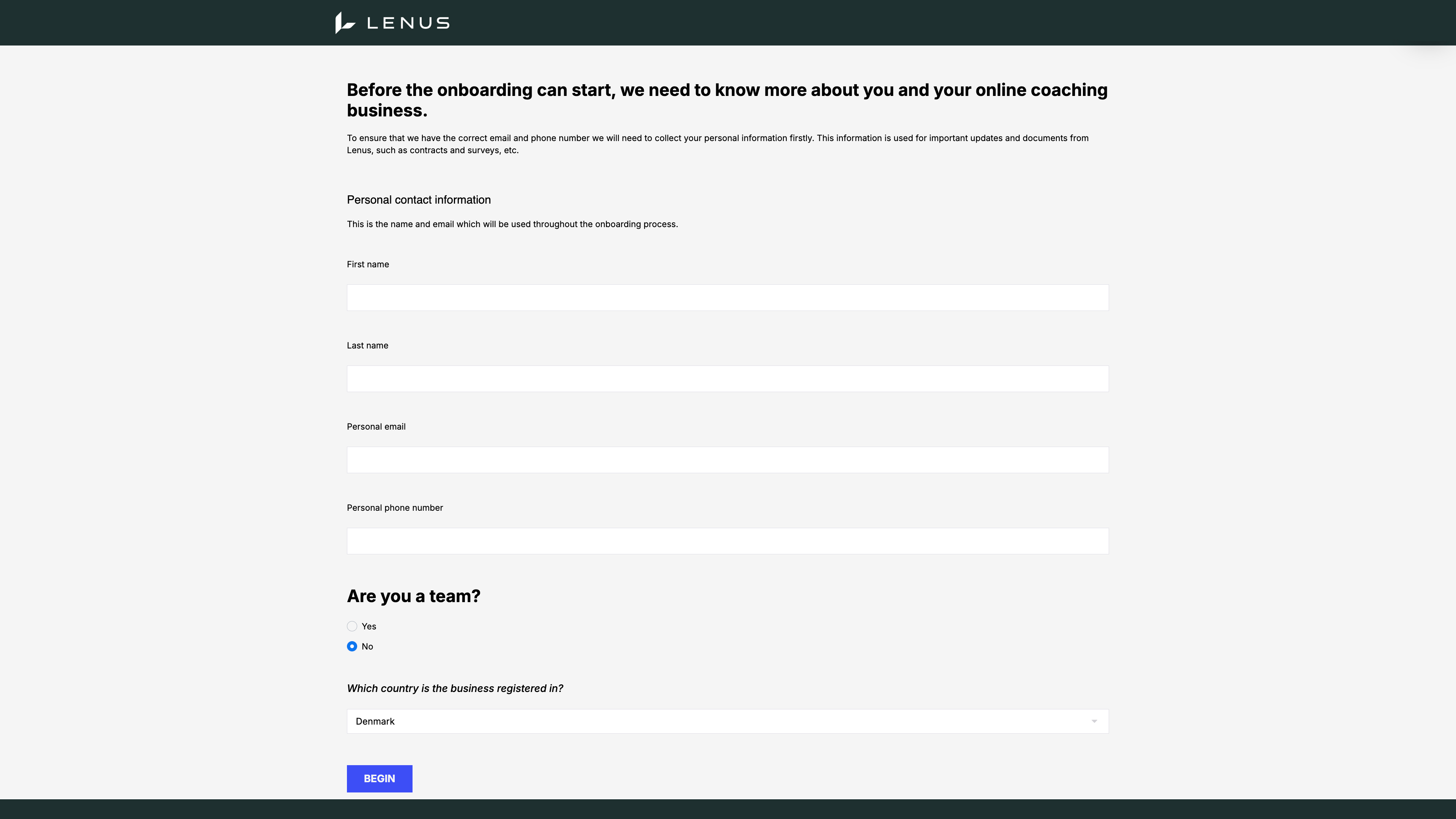 Before: Old onboarding form design